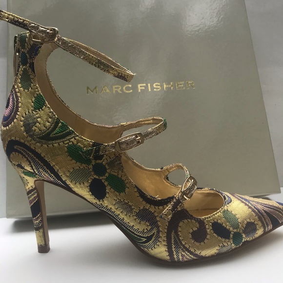 Marc Fisher Brocade Gold Paisley Heels NWOT - Picture 3 of 8